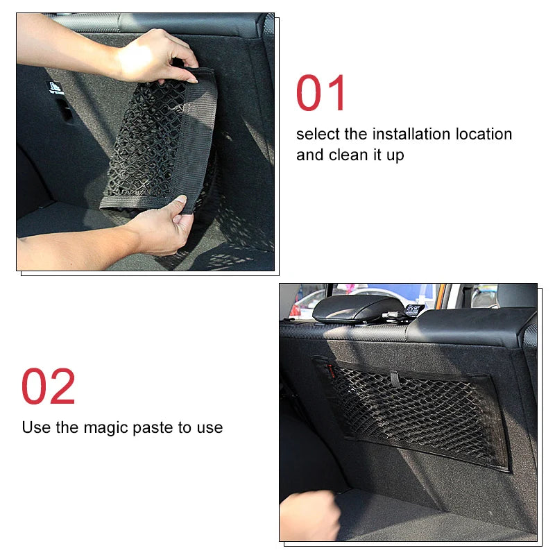 Car Back Rear Mesh Trunk Seat Elastic String Net Magic Sticker Universal Storage Bag Pocket Cage Auto Organizer Seat Back Bag - AUTO FLOW ZONE 