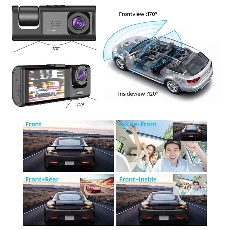 Dash Cam W/ IR Night Vision Loop Recording & 2" IPS Screen 1080P 3 Camera - AUTO FLOW ZONE 