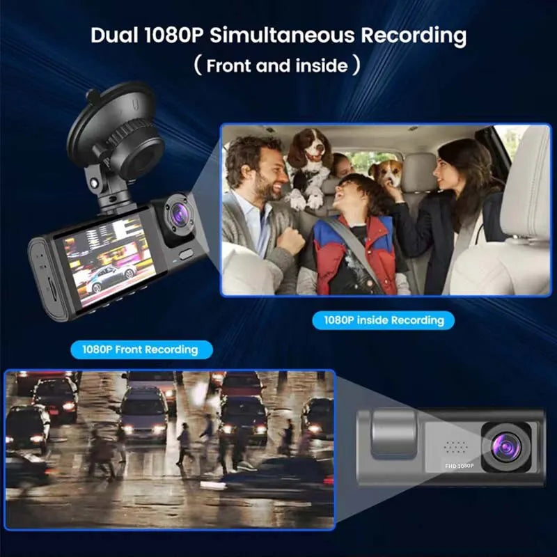 Dash Cam W/ IR Night Vision Loop Recording & 2" IPS Screen 1080P 3 Camera - AUTO FLOW ZONE 