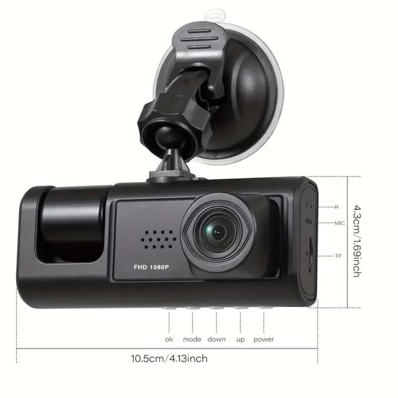 Dash Cam W/ IR Night Vision Loop Recording & 2" IPS Screen 1080P 3 Camera - AUTO FLOW ZONE 