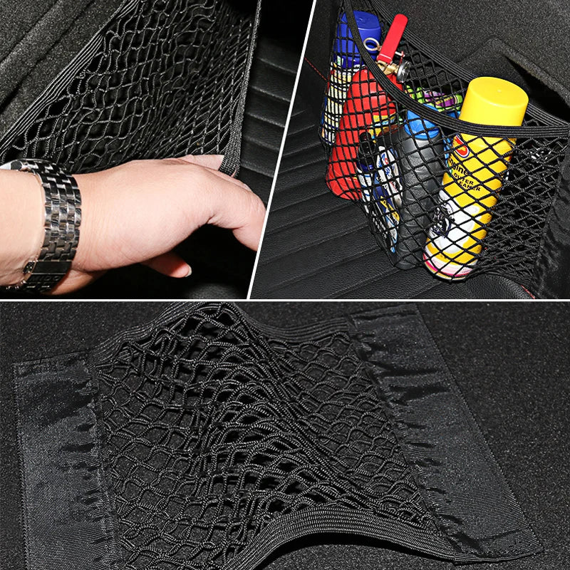 Car Back Rear Mesh Trunk Seat Elastic String Net Magic Sticker Universal Storage Bag Pocket Cage Auto Organizer Seat Back Bag - AUTO FLOW ZONE 