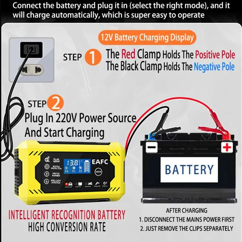 Car Battery Charger 6A 12V Car and Motorcycle Battery Charging Device Lead-acid Battery Smart Repair LCD Display - AUTO FLOW ZONE 