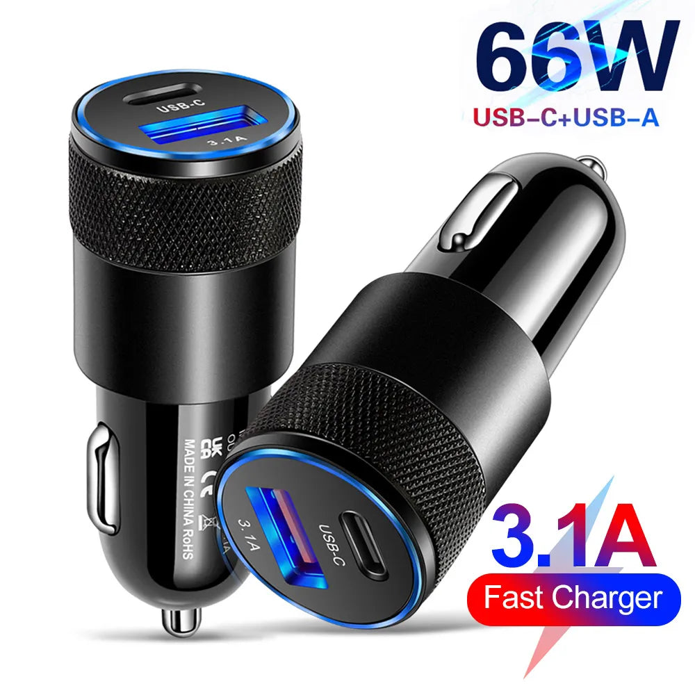 66W USB Car Charger Type C Fast Charging Phone Adapter , Phone Charger, Car Adapter Socket Cigarette Lighter - AUTO FLOW ZONE 