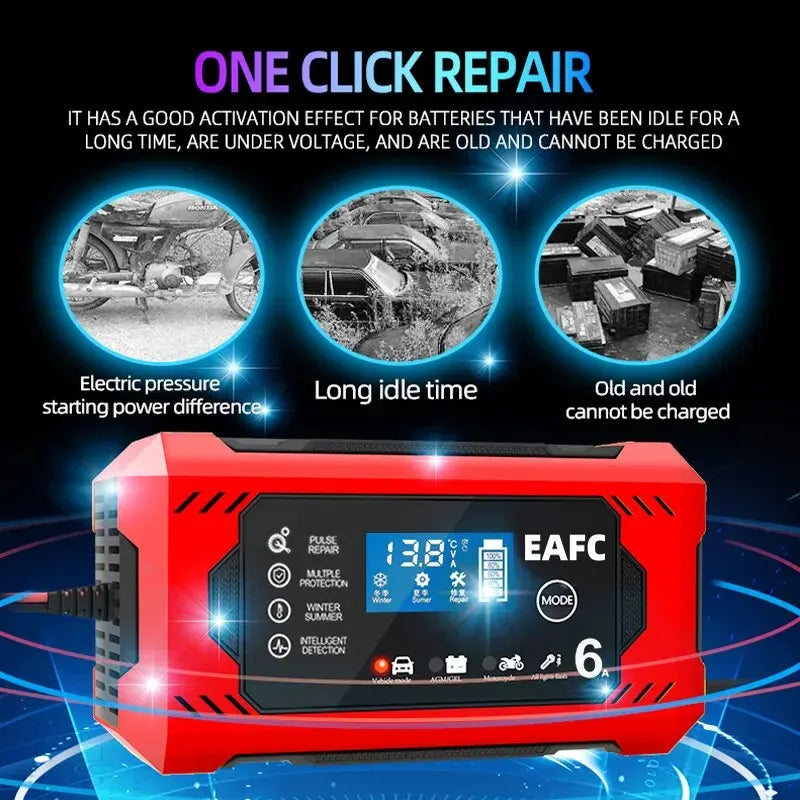 Car Battery Charger 6A 12V Car and Motorcycle Battery Charging Device Lead-acid Battery Smart Repair LCD Display - AUTO FLOW ZONE 