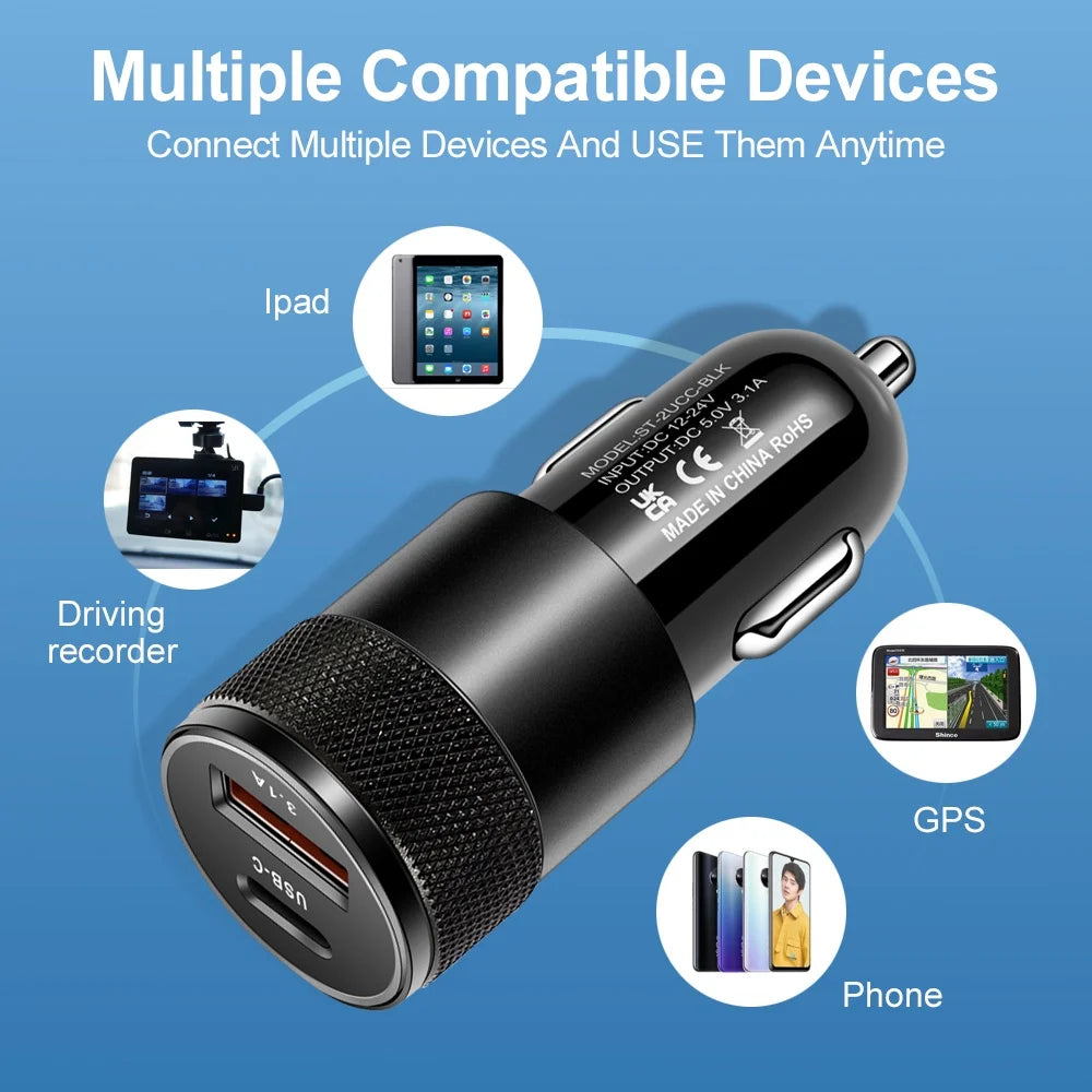 66W USB Car Charger Type C Fast Charging Phone Adapter , Phone Charger, Car Adapter Socket Cigarette Lighter - AUTO FLOW ZONE 