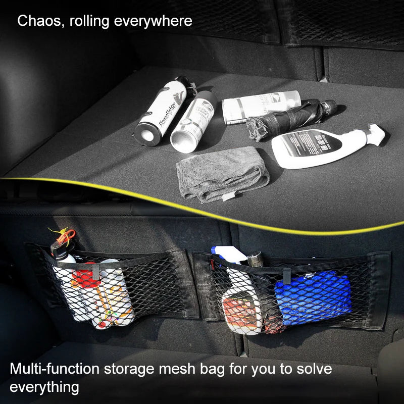 Car Back Rear Mesh Trunk Seat Elastic String Net Magic Sticker Universal Storage Bag Pocket Cage Auto Organizer Seat Back Bag - AUTO FLOW ZONE 