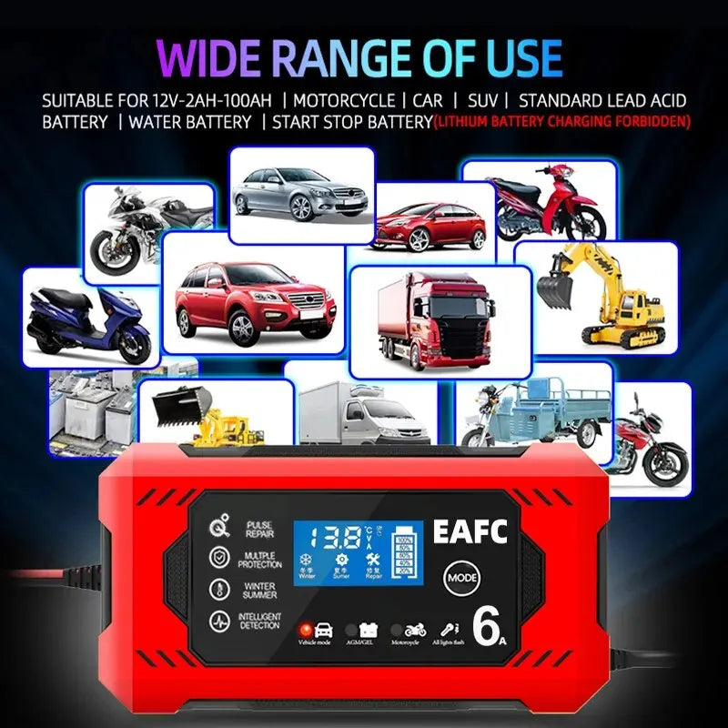 Car Battery Charger 6A 12V Car and Motorcycle Battery Charging Device Lead-acid Battery Smart Repair LCD Display - AUTO FLOW ZONE 