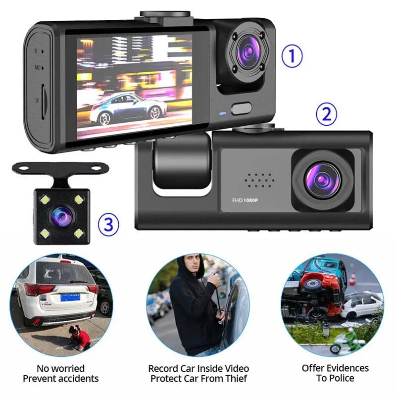 Dash Cam W/ IR Night Vision Loop Recording & 2" IPS Screen 1080P 3 Camera - AUTO FLOW ZONE 